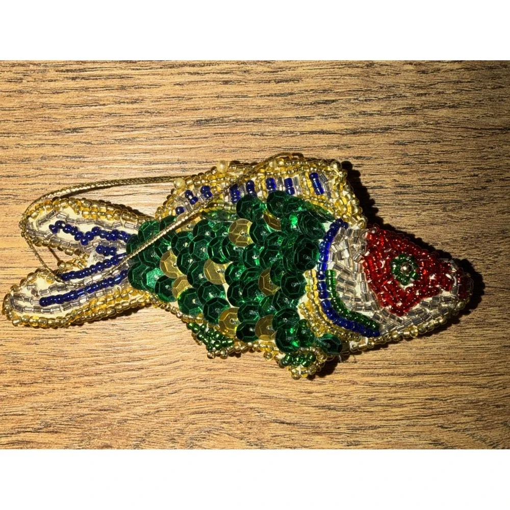 Pier 1 RARE Beaded Jeweled Sequined FISH Christmas Ornament Multicolor Green Red